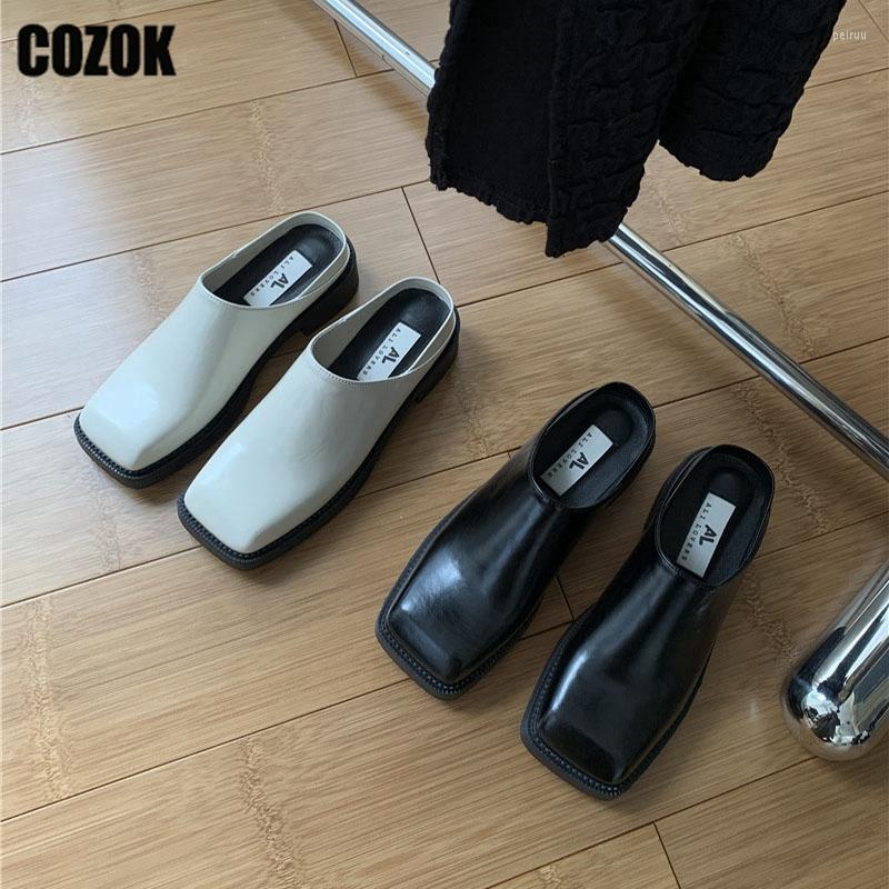 

Slippers Designer 2023 Mules Women Square Toe Ladies Trend Fashion Outside Female Shoes Street Style Summer Modern Leather, Apricot