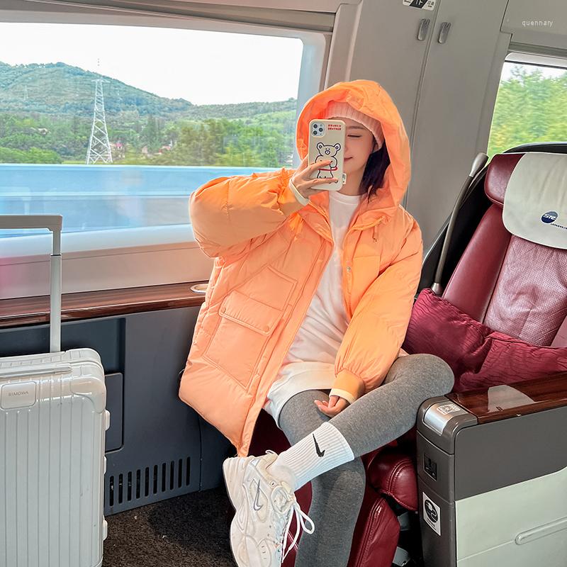 

Women' Trench Coats Winter Long Sleeve Solid Color Women Parkas Trendy Orange Hooded Zipper Padded Jacket Female Large Size Loose Warm