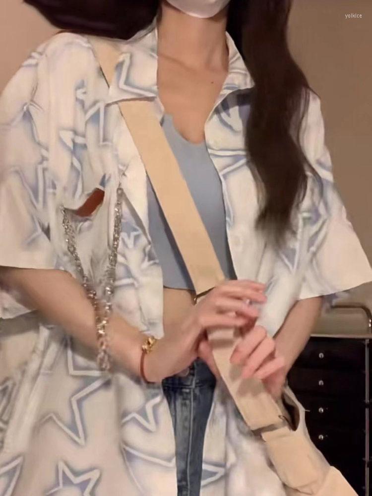 

Women' Blouses Short Sleeve Star Print Top Women Loose Turn Down Collar Y2k Aesthetic Blouse All Match Single Breasted Blusas Fashion Shirt, As photo and chain