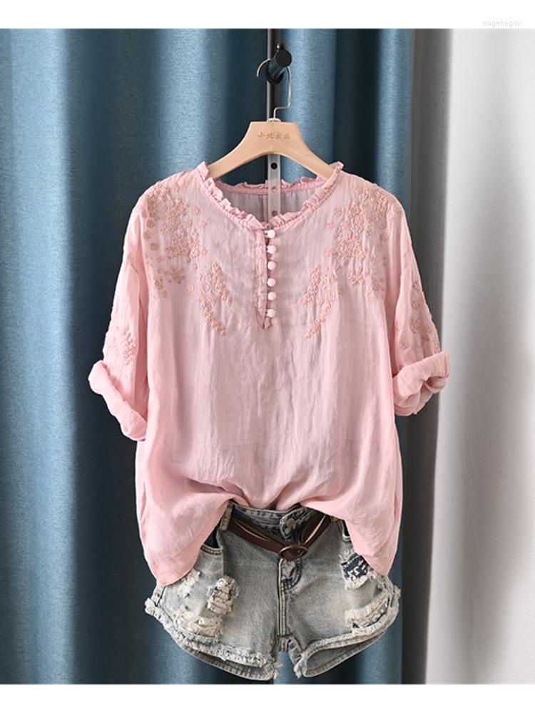 

Women's Blouses Lamtrip Retro Flowers Embroidery Ruffles O-Neck 3/4 Sleeve Linen Cotton Shirt Blouse Mori Girl 2023, Sky blue