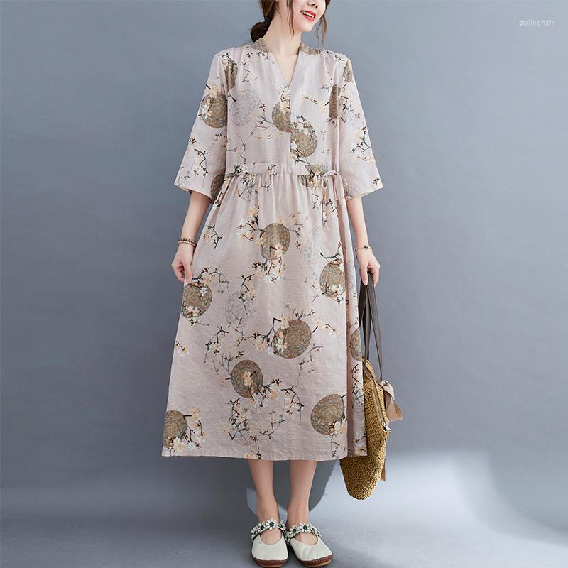 

Party Dresses 2023 Arrival Thin Soft V-neck Print Floral Fashion Women Holiday Travel Casual Dress Office Lady Work Midi, Blue