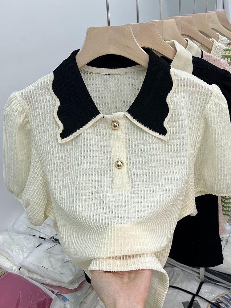 

Women's T Shirts Women T-Shirt Korean Y2k Polo-Neck Summer 90s Fashion Vintage Sexy Office Ladies Short Sleeve Top Clothes 2023, Black