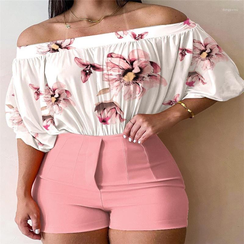 

Women's Tracksuits French Fashion Tube Top Short Sleeve Printed Shirt And High Waist Shorts Summer Workplace Commuter Women's Suit, Pink