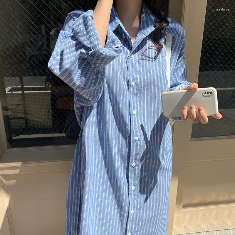 

Casual Dresses Blue Striped Shirt Dress Spring Autumn 2023 Women Harajuku Long Loose Retro Long-Sleeve Plus Size Vestidos