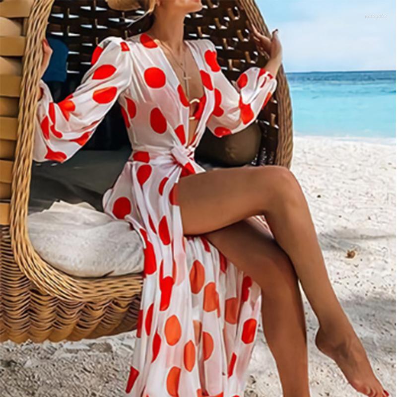 

Casual Dresses Yeezzi 2023 Polka-Dot Floral-Print Puff Sleeves Tunicshang Maxi Dress Sexy Deep V Beach Bohemia For Women, Red