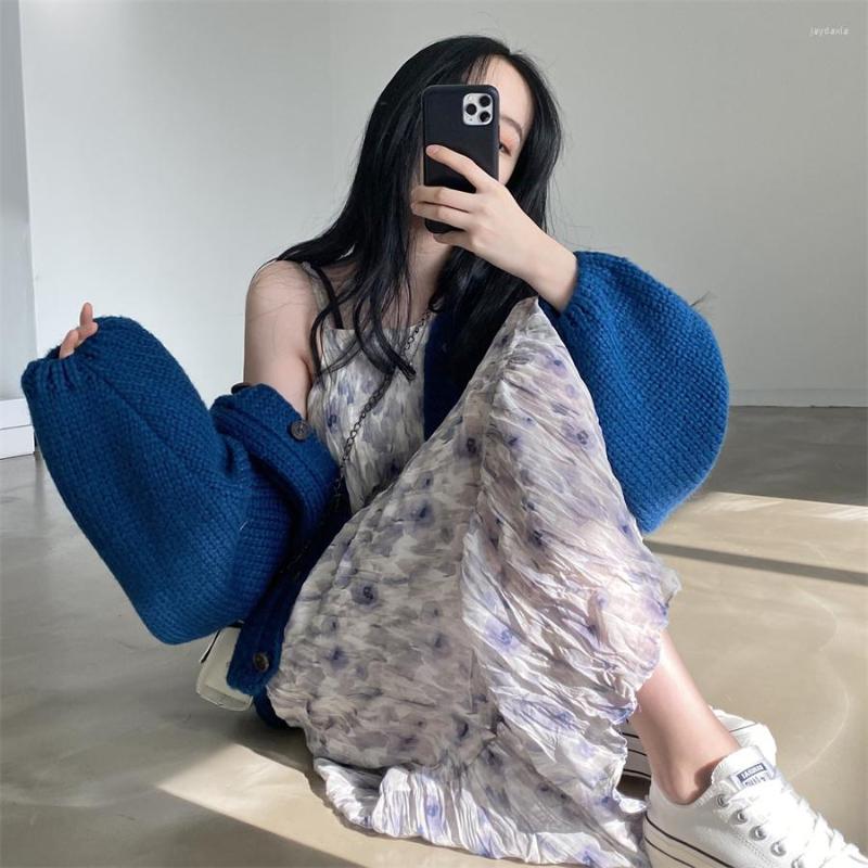 

Casual Dresses Korean Chic Summer Temperament All-in-one Ink Print Fold Splicing Suspender Mid-length Dress Female, White