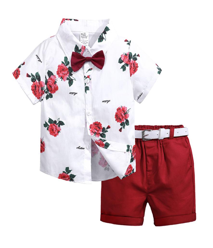 

Retail boys flower printed turncollar with bowknot cotton suits baby 2 pieces short sleeve set children boutique designer clothin8994062, Red