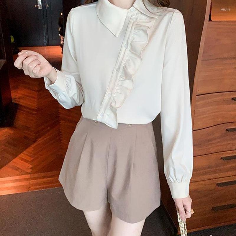 

Women's Blouses High-end Temperament Turn-down Collar Ruffles Ladies Shirt Patchwork Thin Office Lady Chiffon Single Breasted French Long, Apricot