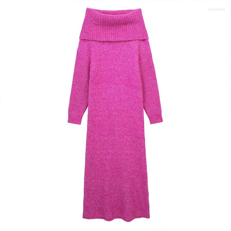 

Casual Dresses 2023 Autumn And Winter Women' Bib High Collar Knitted Long Dress Fashion Set Head Loose Sweater 7486, Rose red