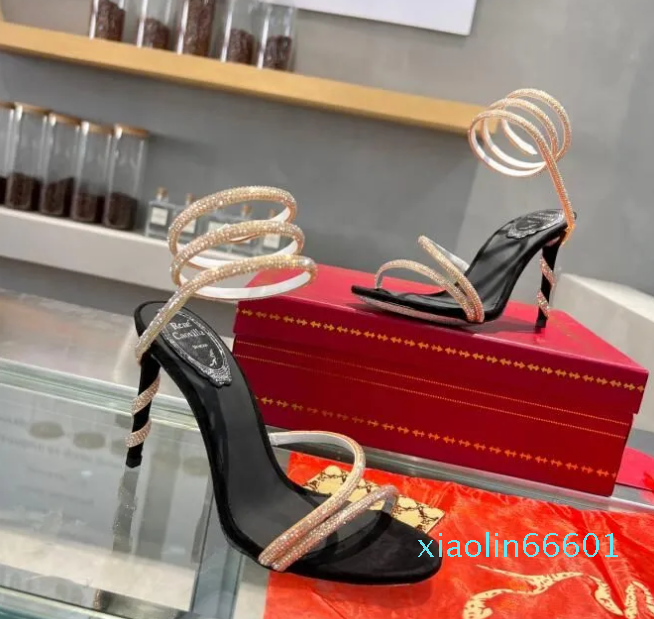 

2023ss sandals crystal embellished spiral wrap around sandals twining rhinestone sandal women Top quality Black stiletto heels shoes, Rene s6112