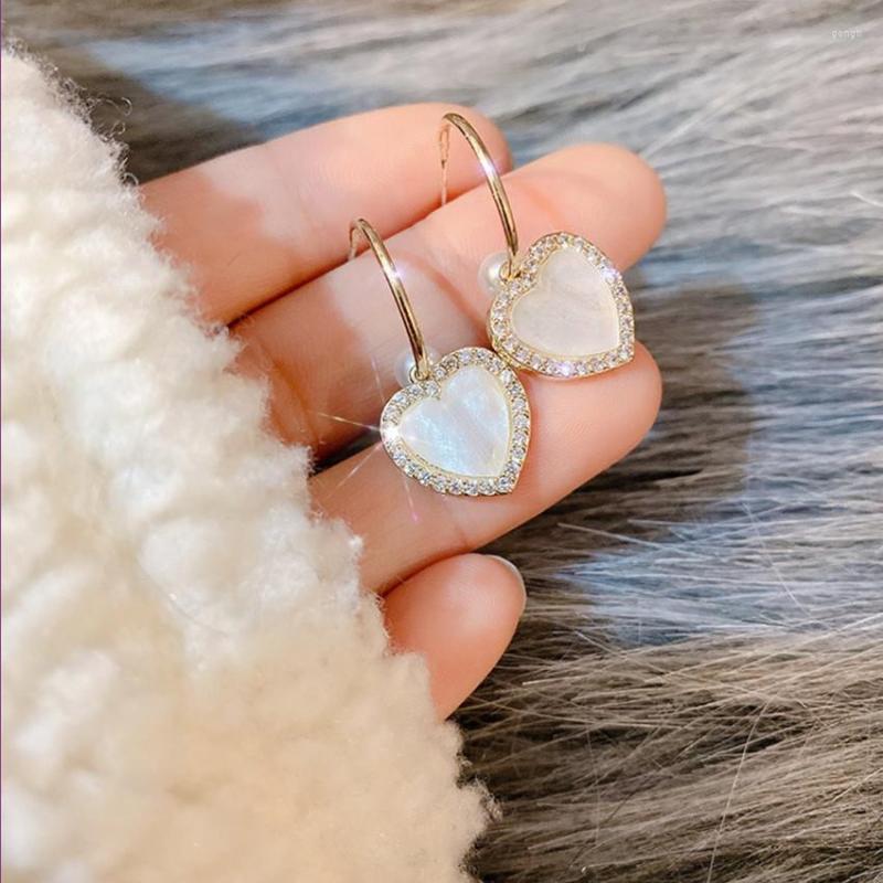 

Dangle Earrings FYJS Unique Light Yellow Gold Color Love Heart White Shell With Rhinestone Romantic Jewelry