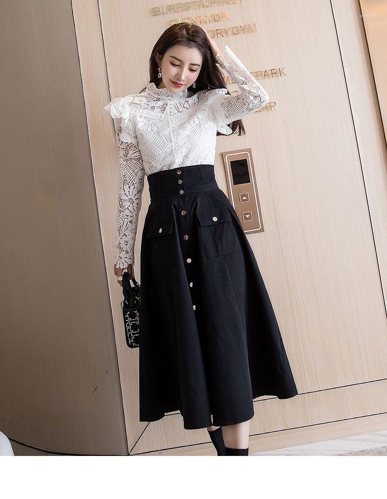 

Skirts Vintage Black Single Breasted High Waist A Line Long Skirt For Women Summer Autumn Streetwear Ladies Chic Slim Midi