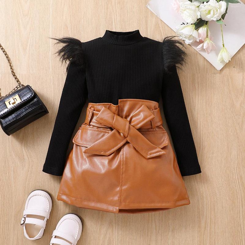 

Clothing Sets FOCUSNORM 1-6Y Fashion Autumn Kids Girls Clothes 2pcs Turtlenck Fur Sleeve Solid Knited Pullover Tops PU Leather Skirts, Picture shown