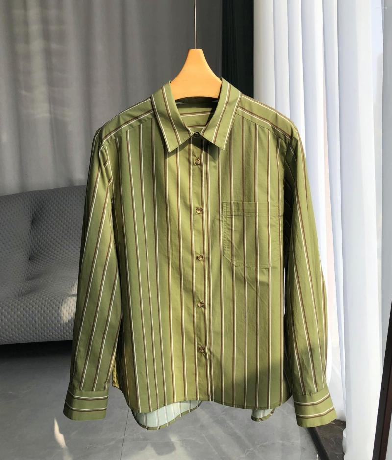 

Women' Blouses Green Striped Cotton Shirt Base All-match Long-sleeved Women