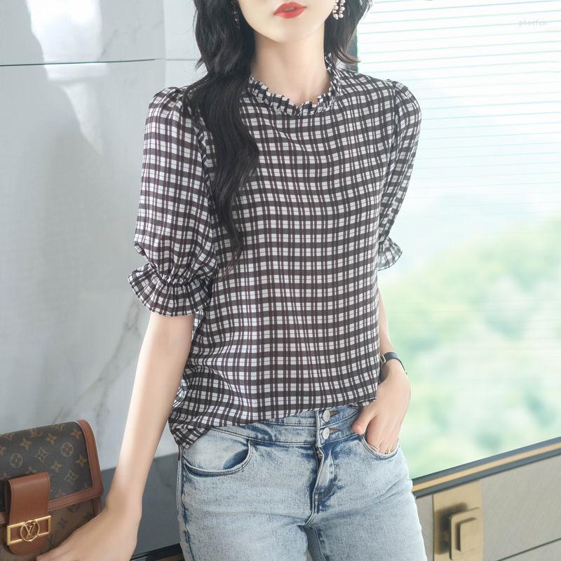 

Women' Blouses Woman Spring Summer Style Blouse Shirts Lady Casual Short Puff Sleeve O-Neck Plaid Printed Blusas Tops ZZ1858, Black