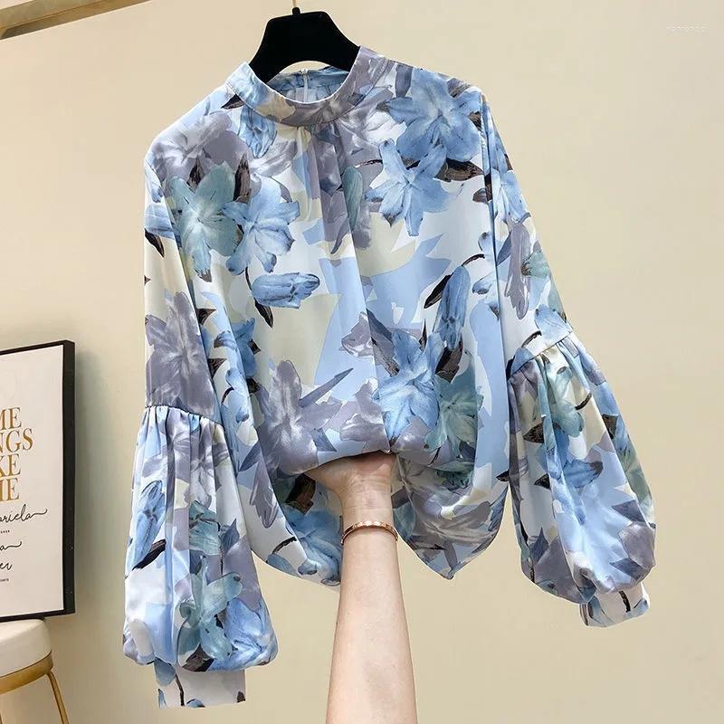 

Women' Blouses 2023 Spring Summer Women Shirt Fashion High-end Floral Print Clothing Chiffon Lantern Sleeve Female Tops