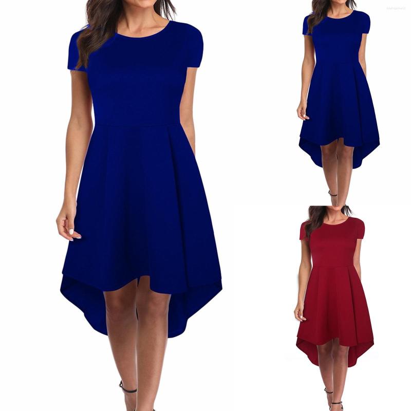 

Casual Dresses Women' Summer Pure Color Round Neck Short Sleeve Mid Length Slim Midi Sundresses Elegant Temperament Knee Dress, Dark blue