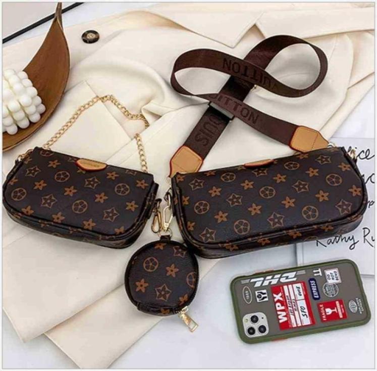

3 piece Pack PU leather crossbody fanny pack chain hand bag purses circle round wallet coin bags set single shoulder woven bel3887096, Khaki