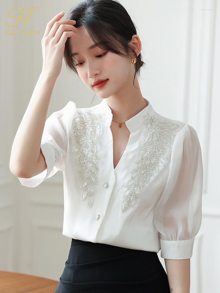 

Women' Blouses H Han Queen 2023 Womens Blouse Vintage Beading Work Casual Top Chiffon Elegant Chic Loose Women Fashion Summer Shirts, White