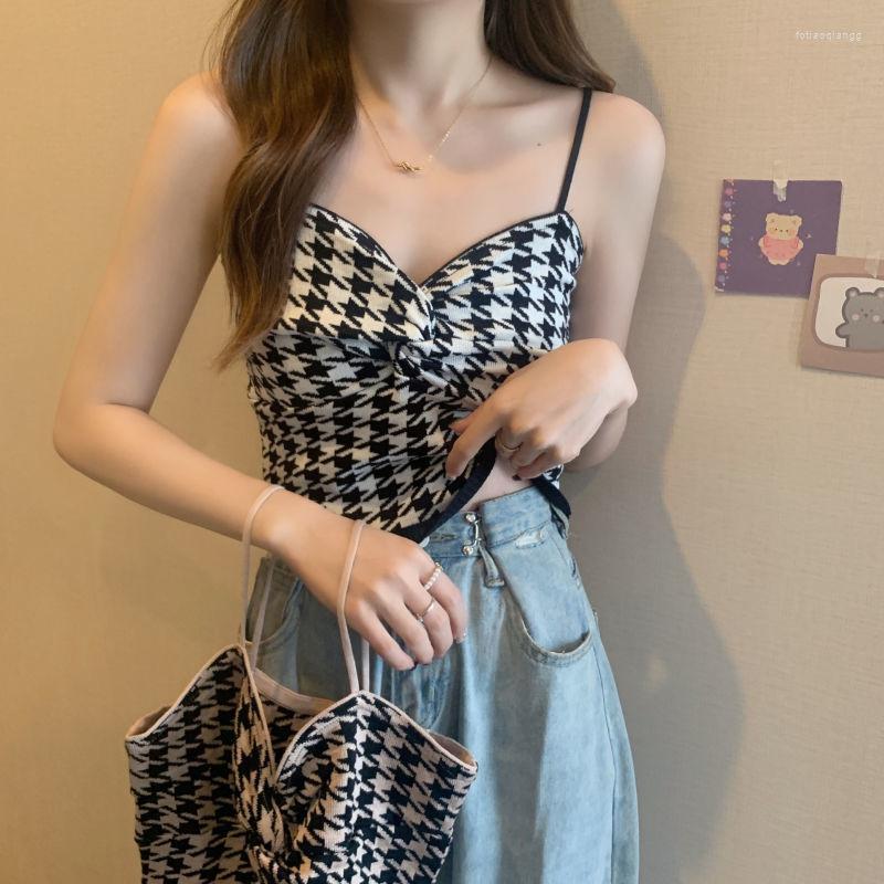 

Women's Tanks Vintage Camisole Sexy Tank Top V-Neck Women's Crop Tops Clothing 2023 Cropped Plaid Retro Design Female Vest Basic, Black