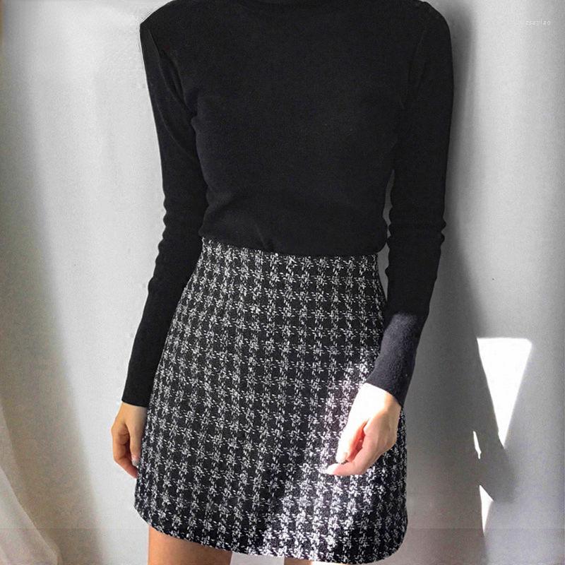 

Skirts Print Skirt For Women 2023 Autumn And Winter Woolen High Waist All-Matching A- Line Slim-Fit Fashion Short T197, Black