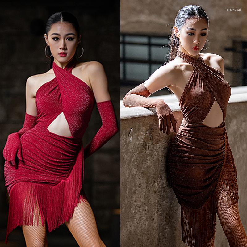 

Stage Wear Summer Latin Dance Dress Women Halter Neck Sexy Fringe Rumba Samba Dancewear Performance Costume Red Black BL10511