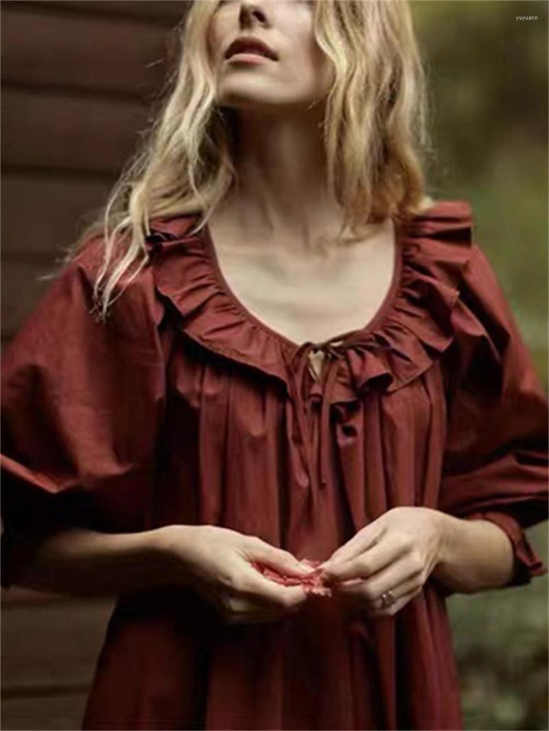 

Casual Dresses Women Ruffle Trim O-Neck Mini Dress Early 2023 Spring Summer Ladies All-Match Lantern Sleeve Lace-Up Sweet Robe, Orange