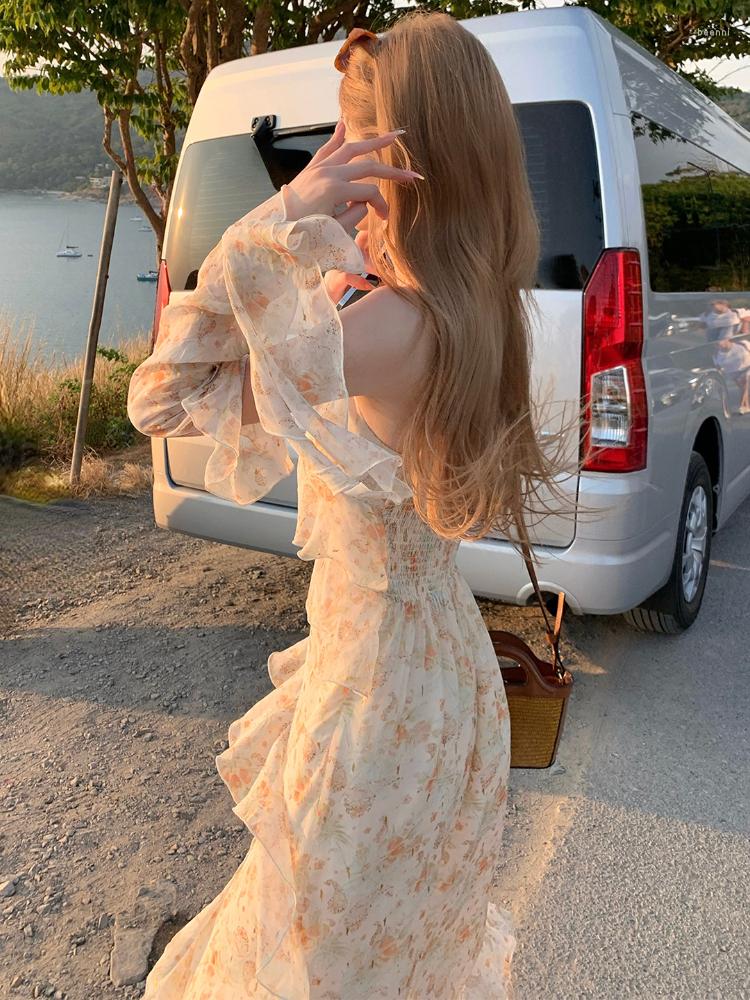 

Casual Dresses 2023 Spring Elegant Floral Midi Dress Women Outwear Beach Y2k French Vintage One Piece Korean Fashion Summer, Floral dress