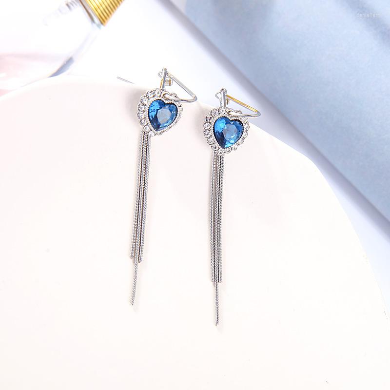 

Dangle Earrings Uer Exquisite Ocean Blue Glass Crystal Heart Drop For Women Long Brass Chains Tassel 2023 Fashion Jewelry