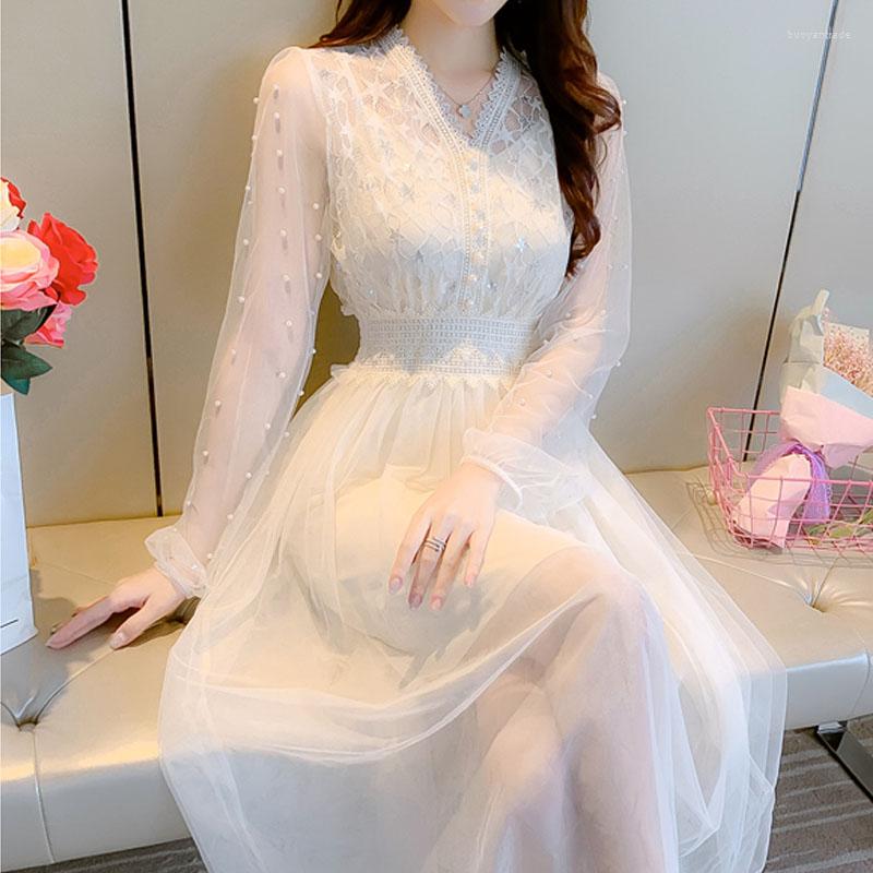 

Casual Dresses Early Spring Beading Mesh Stitch Embroidered Lace Dress Long Sleeve Loose Waist Sweet Vestido Feminino Fairy Party, Pink