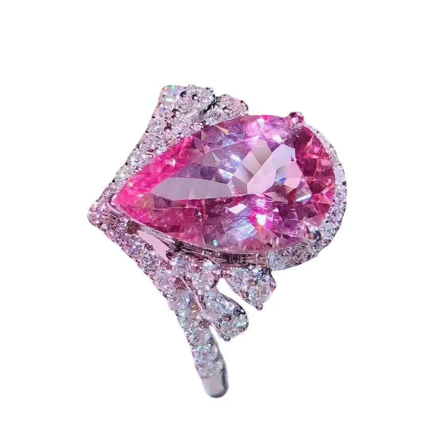

Luxury Crown Zirconia Water Droplet Simulation Pink Tourmaline Colorful Treasure Open Ring Engagement Diamond Ring