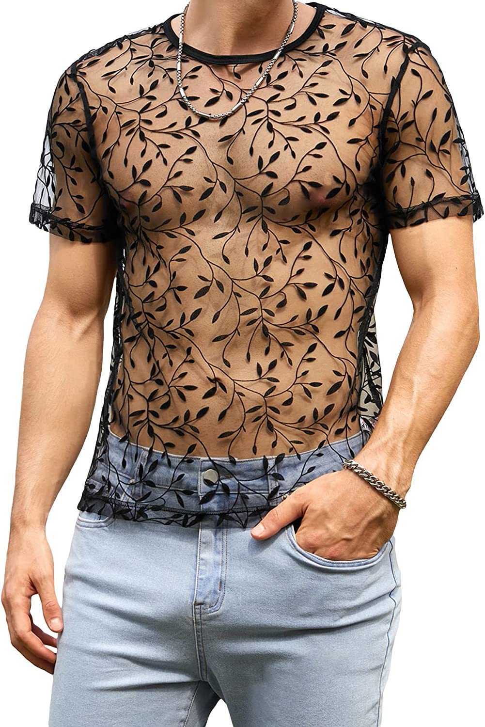 

WDIRARA Men's Flower Print Perspective Round Neck Short Sleeve Mesh T-shirt Party Top P52V, Black