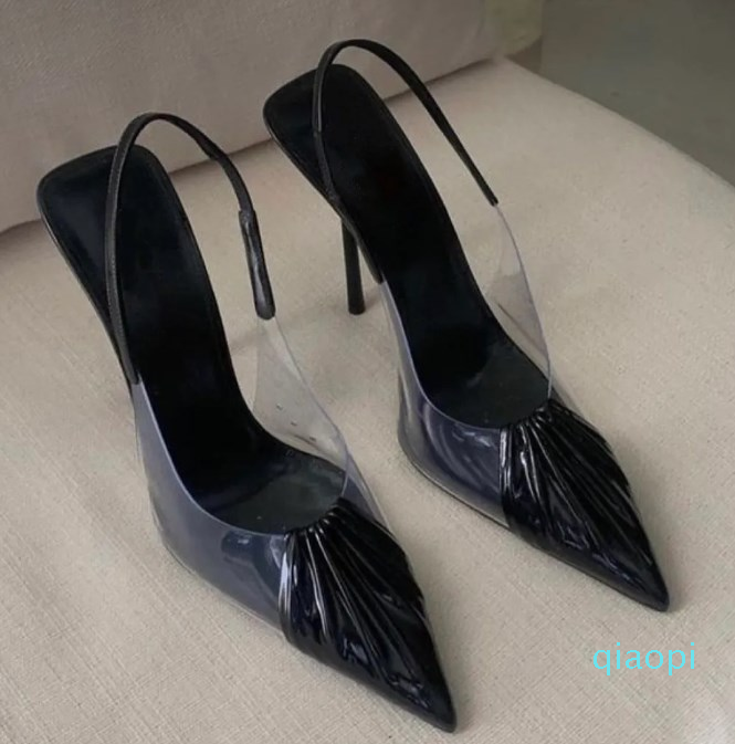 

Sexy Dress Shoes for womens patent leather splicing transparent TPU stiletto heel sandal Designer 10cm high heeled sandals Slingbacks pointed toes shoe, 7.5cm black
