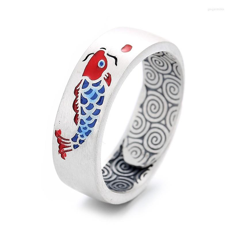 

Cluster Rings 822FJ ZFSILVER Silver S990 Fashion Luxury Trendy Adjustable Retro Red Color Enamel Carp Fish Ring For Girl Women Wedding