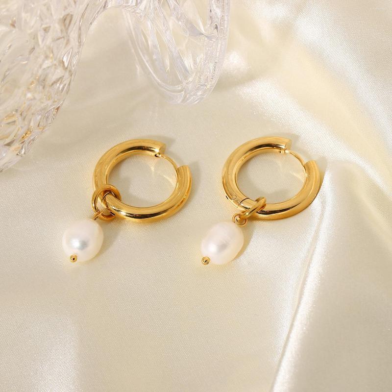 

Hoop Earrings 18K Gold Plated Single Freshwater Pearl Pendant Double Layer Stainless Steel