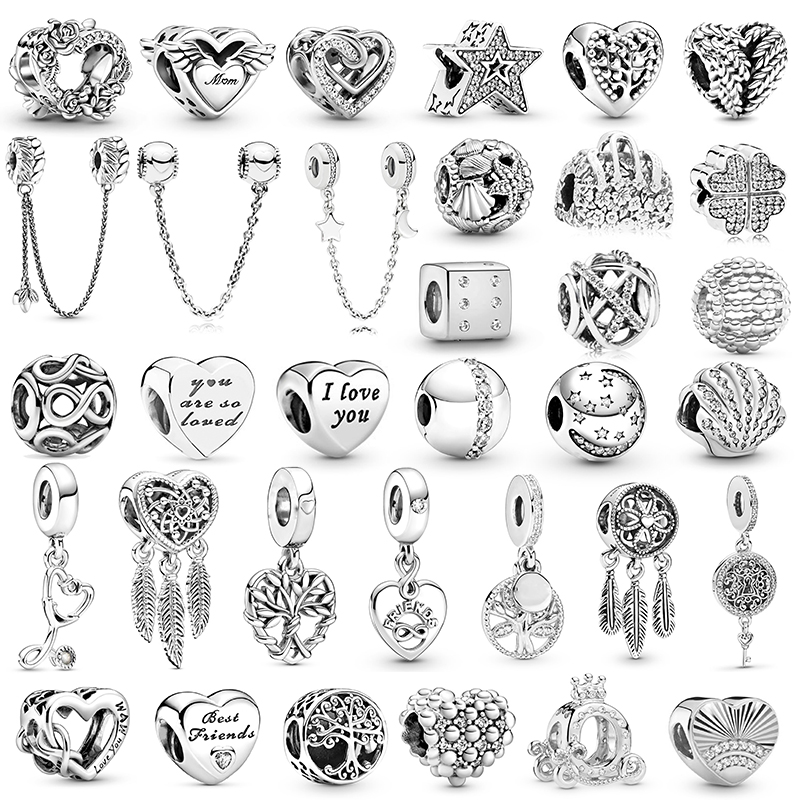 

2Pcs New Silver Color Feather Star Hollow Heart Star Beads Fit Original Brand Charm Bracelet For Women Wife Jewelry