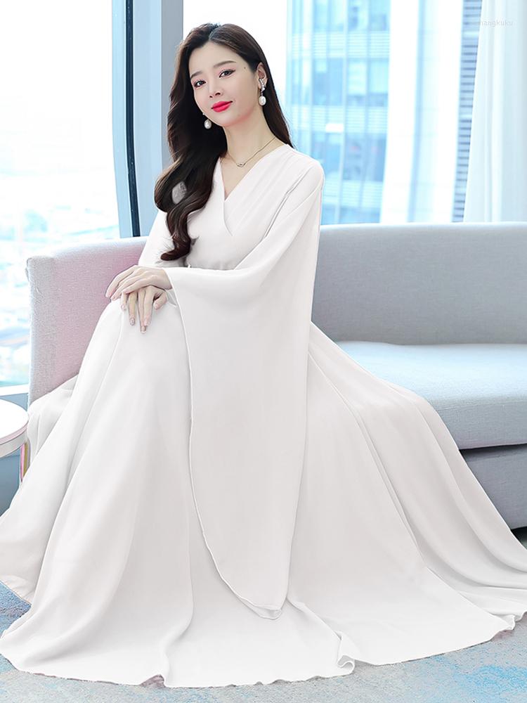 

Casual Dresses Chiffon White Beach Maxi Dress 2023 Spring Summer Women Fashion Elegant Long Sleeve Tunics Prom Party Festa Luxo Evening, Green