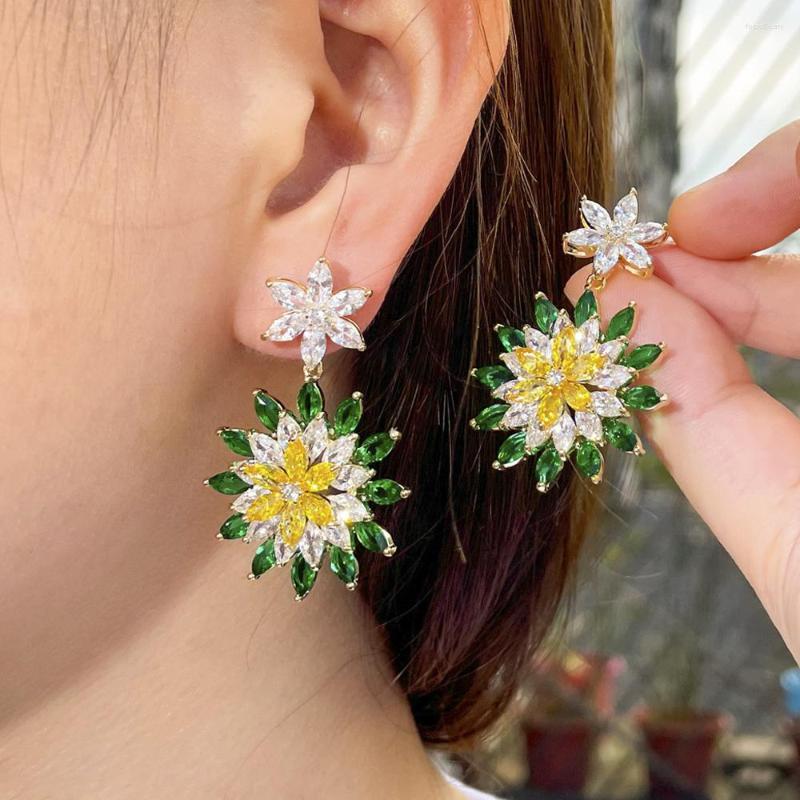 

Dangle Earrings ThreeGraces Exquisite Green Cubic Zirconia Flower Shape Long For Women Fashion Wedding Party CZ Jewelry ER657