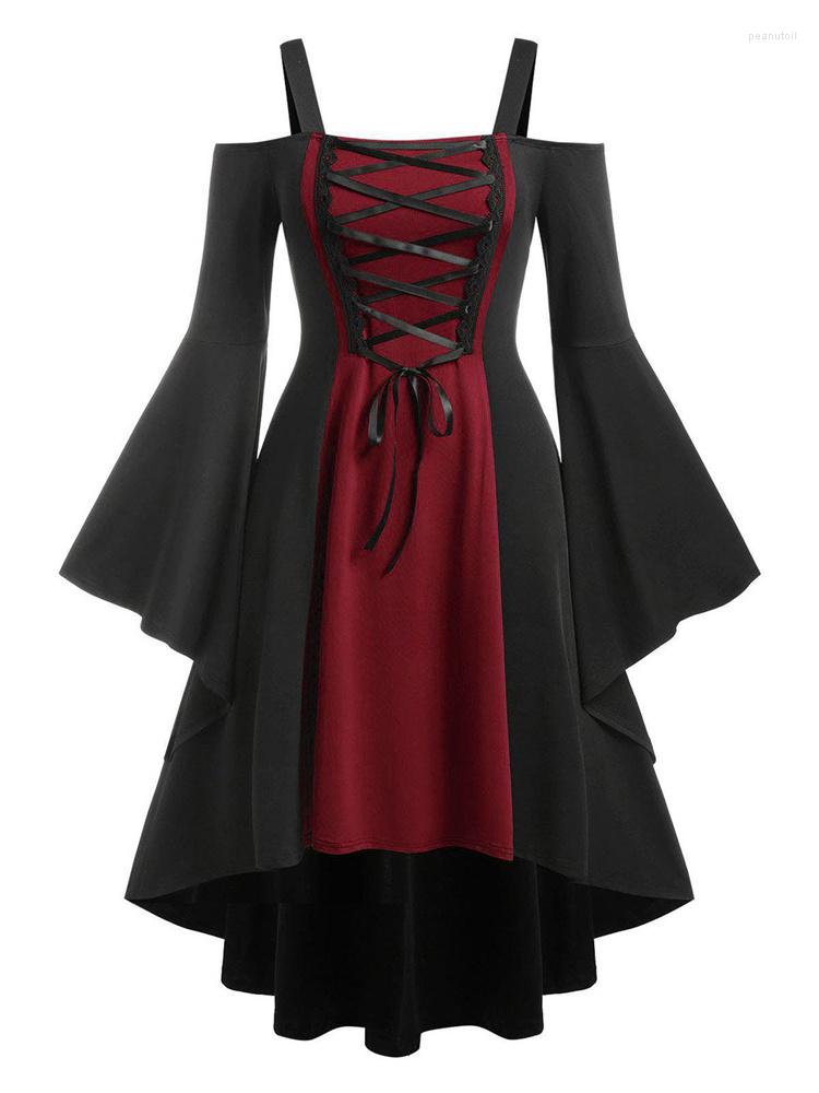

Casual Dresses Retro Square Neck Lace-up Flared Sleeve Dress Women Long Patchwork Lace Suspender Gothic Halloween Cosplay Costume, Green