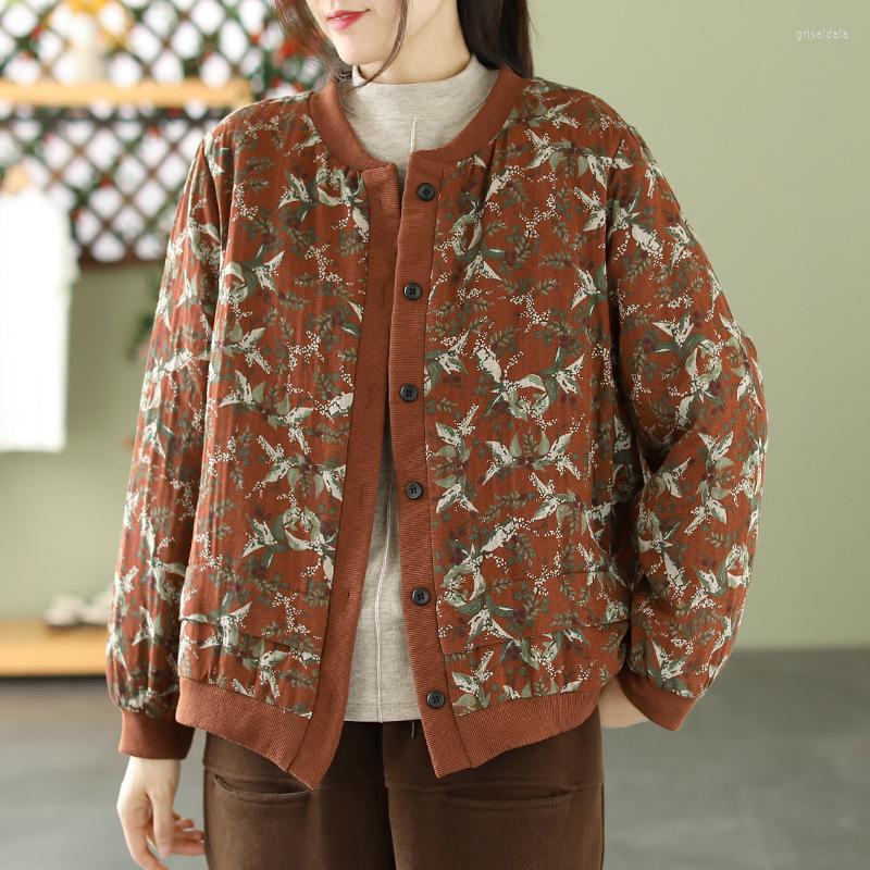 

Women's Trench Coats Lady Winter Warm Coat Printed Floral Cotton Linen Cardigan 2023 Loose Cotton-padded Retro Fashion Women Parkas Female, Black