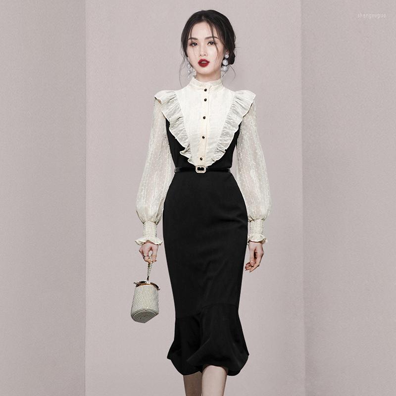 

Casual Dresses Runway Elegant Spring Stand Collar Mermaid Vestidos 2023 Fashion Women Ruffles Hit Color Lantern Sleeve Bodycon Midi, Black