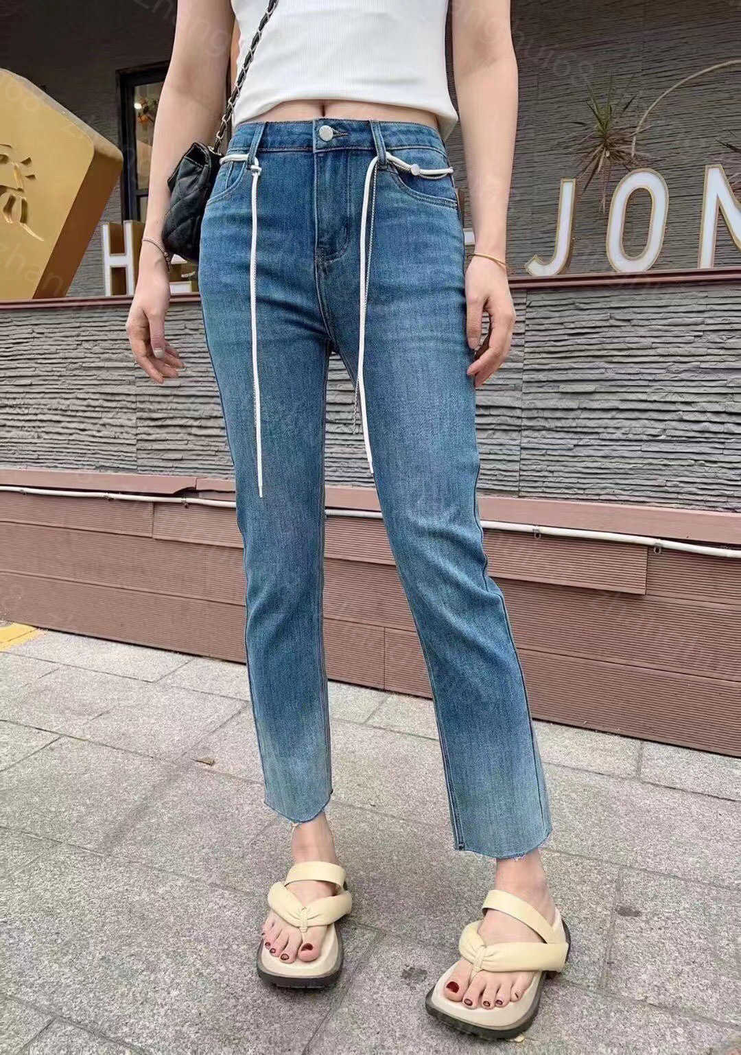 

23ss designer women jeans Womens Pants Denim jeans Make old patchwork color pocket string lace-up tight small foot denim trousers High quality womens clothing