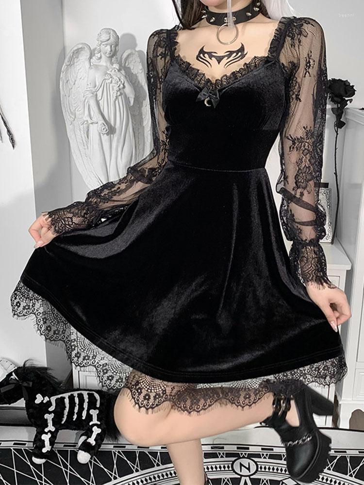 

Casual Dresses Gothic Lolita Girl Lace Trim Velvet A-Line Dress Women Sexy Perspective Long Sleeve V Neck Slim Mini Cosplay Party Costume, Black