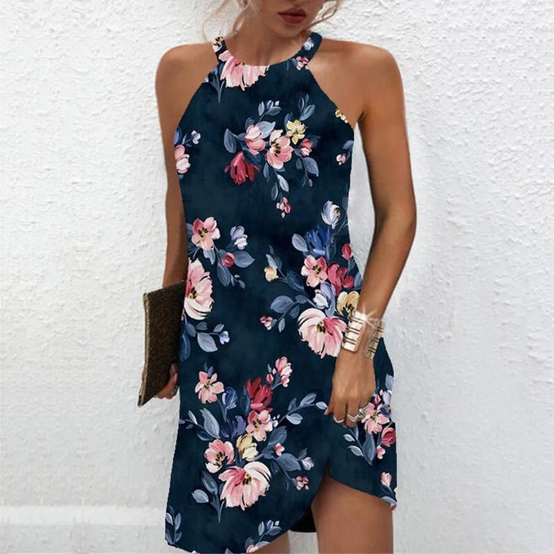 

Casual Dresses Sexy Dress Women Beach Mini Fashion Summer Sleeveless Hollow Elegant Boho Party Print Vestido Robe 2023, Blue