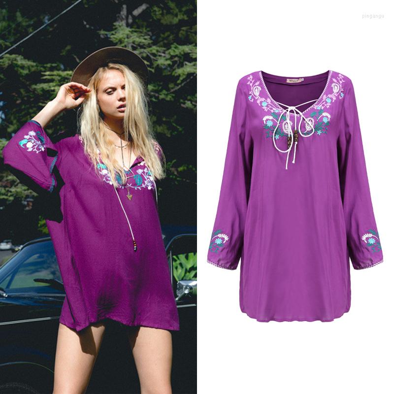 

Casual Dresses Above Knee Bohemian Embroidered Floral Decoration Dress O-Neck And Lace-up Purple Long Sleeves Mini Holiday Skirts Women
