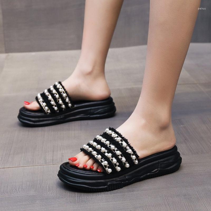 

Slippers Women Pearl Edged Beaded Fashion Ladies Sliding Sandals Flat Heels Women's Outdoor Shoes 2023, Beige