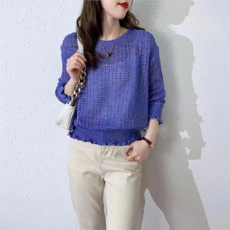 

Women's Sweaters Solid O-neck Hollow Out Sweater Women Fashion Knitting Loose Ruffles Pullover Female 2023 Korean Summer Tops NS5389, Green