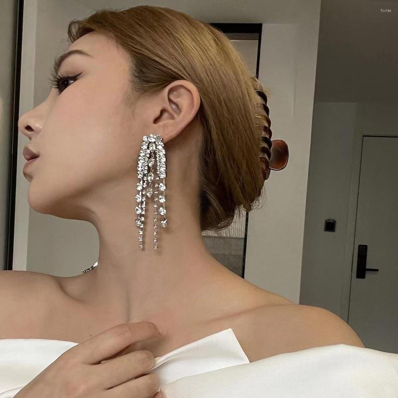 

Dangle Earrings High Sense Ins Temperament Full Zircon Chain Tassel Long Decorated Face-shaped Woman