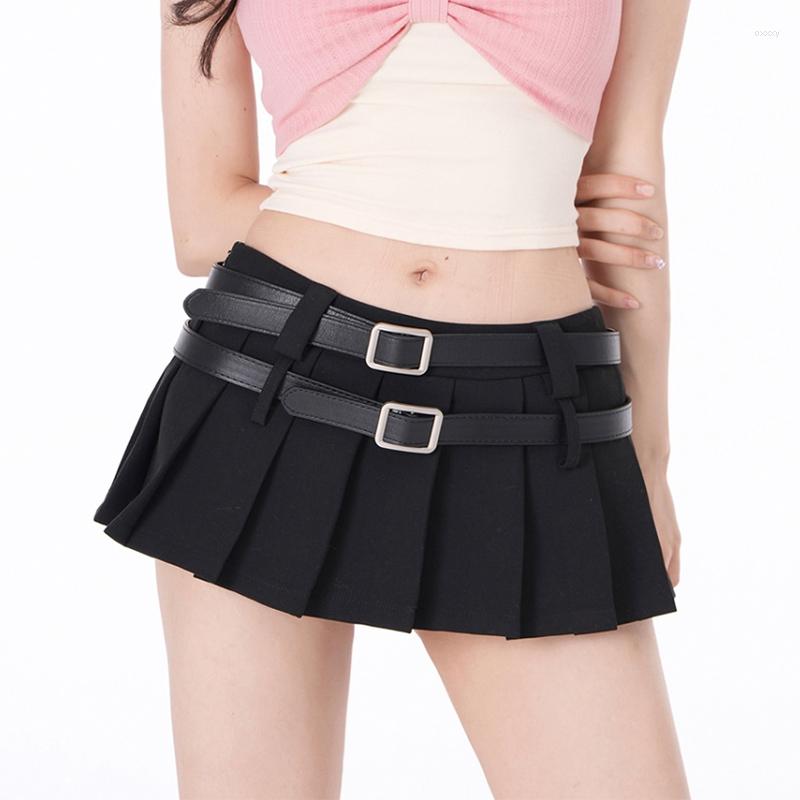 

Skirts HOUZHOU Y2k Pleated Micro Skirt Women Low Waist Vintage Preppy Style Slim A-line Belt Sexy Mini Streetwear 90s Summer, Black