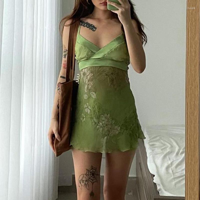 

Casual Dresses Chiffon Fairycore Dress Laces On Flower Arms Print Beautiful Y2K Sundress 2000s Aesthetic Kawaii Clothes V Neck Sexy Women, Light green